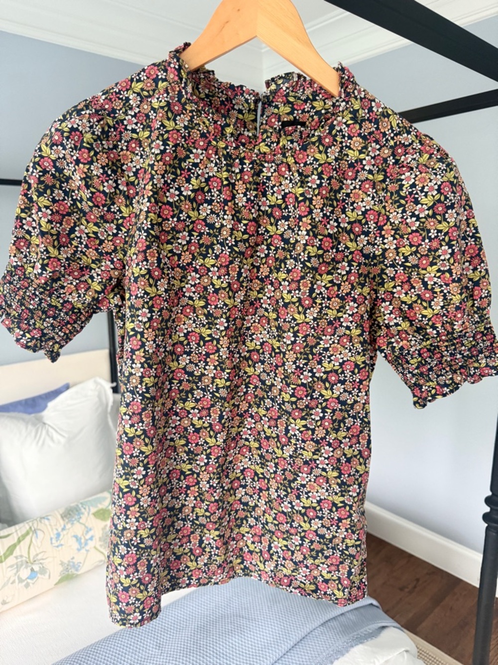 J.Crew Navy Floral Puff Sleeve Blouse with Pink & Green Flowers